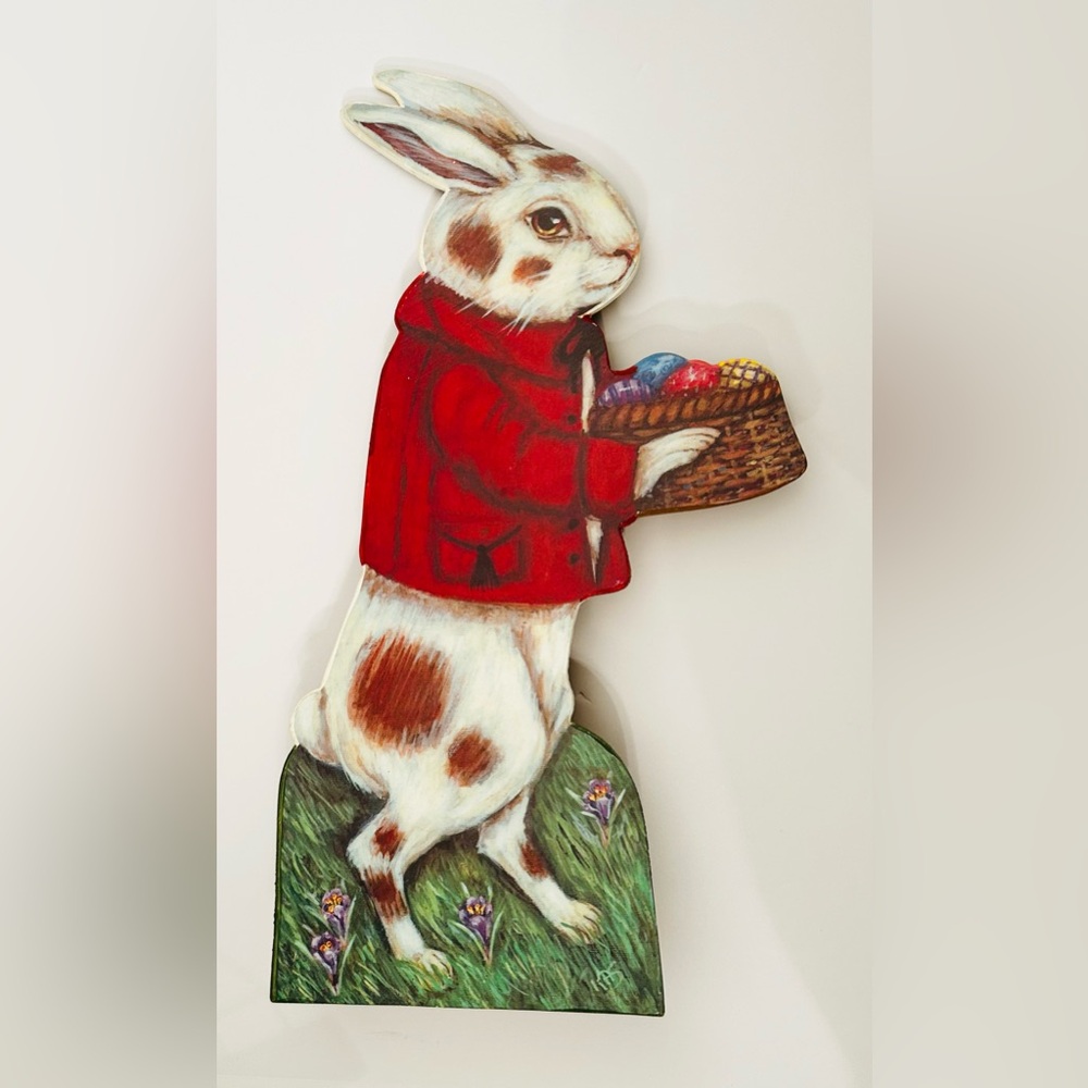 Bethany Lowe White Rabbit in Red Coat w/ Easter Basket Wooden Display Figure